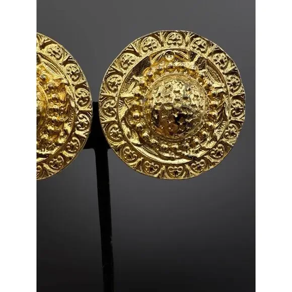 Vintage Etruscan Medallion Gold Plated Clip On Earrings